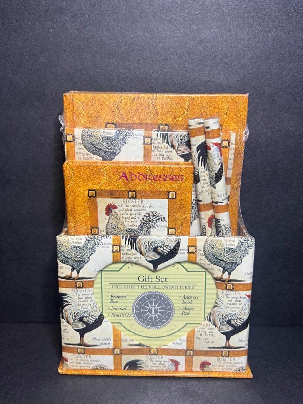 2001 Carol McKinley Stationery Gift Set Rooster Memo Pad, Journal, Address Book